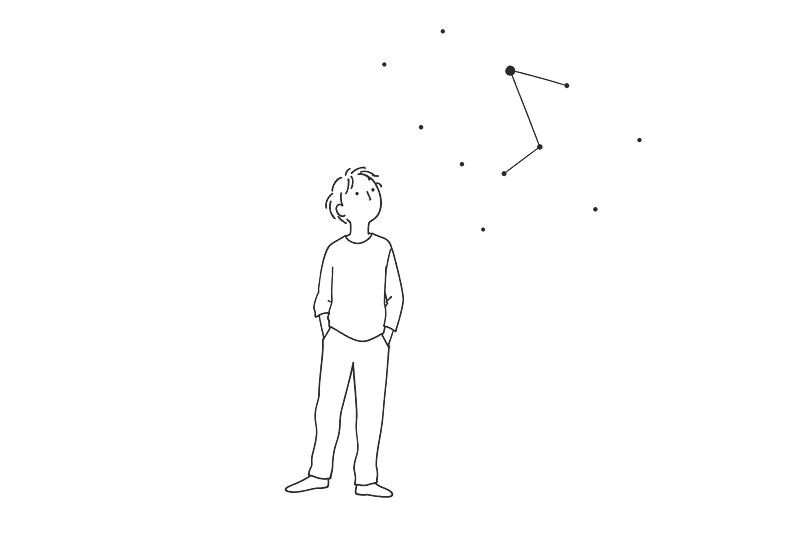 星座のように線で結ばれた点と、それを見上げる人の線画