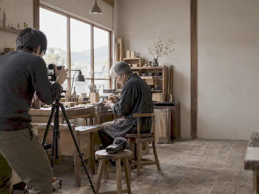 工房で、カメラを据える人の後ろ姿と、作業を続ける職人(イメージ)