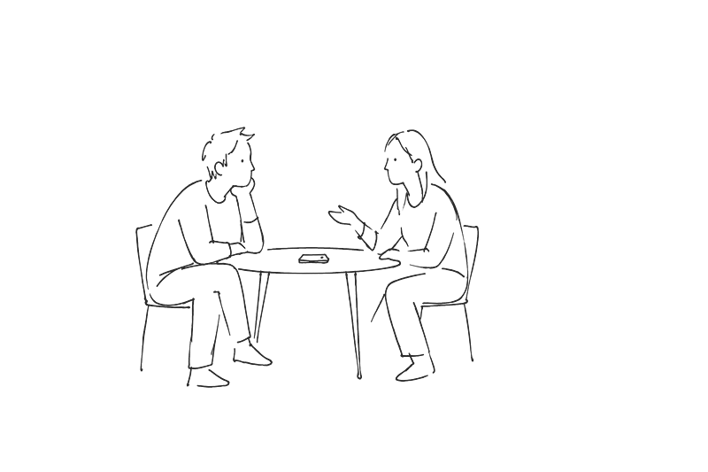 向かい合って話す二人の線画