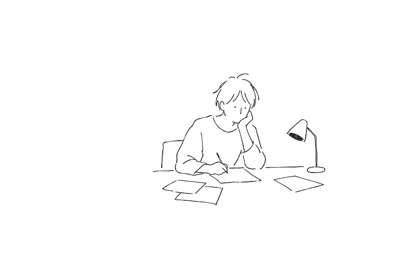 机で紙に書く人の線画
