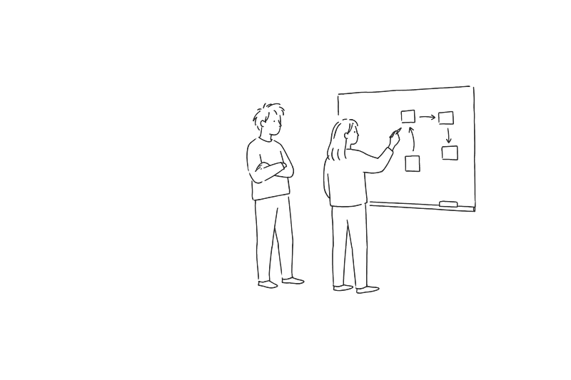 ホワイトボードに図を描く二人の線画