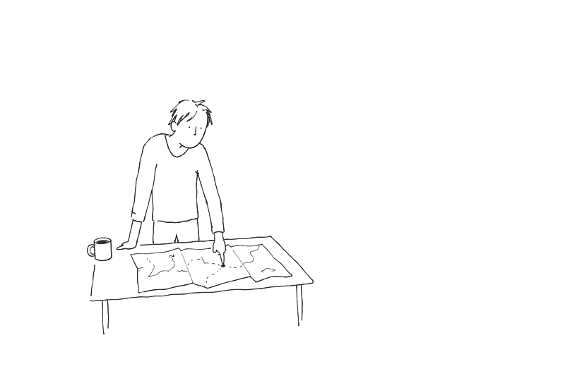 地図を広げた机の線画