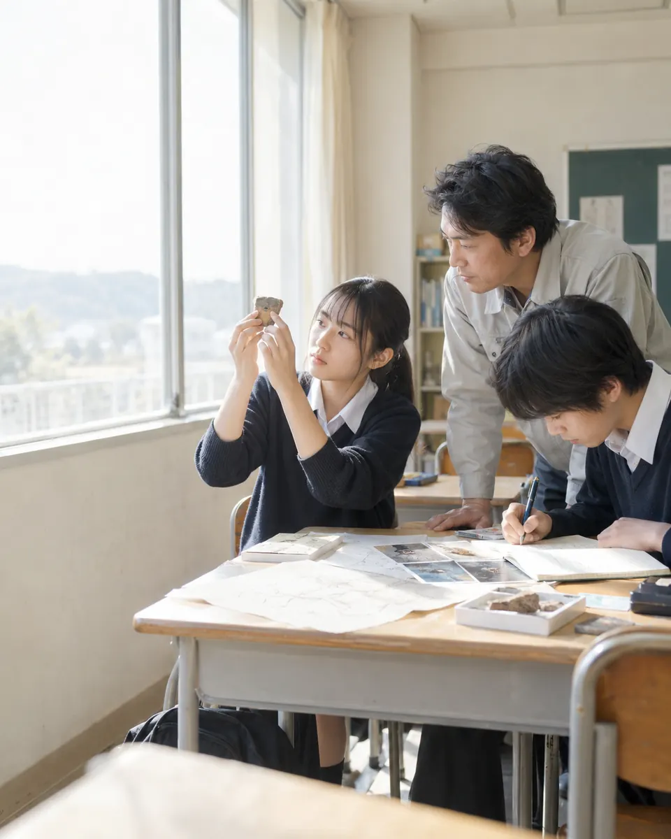 明るい教室で、生徒が窓の光にかざした石を観察し、隣の生徒がノートに書き、地域の働き手が見守っている（イメージ）